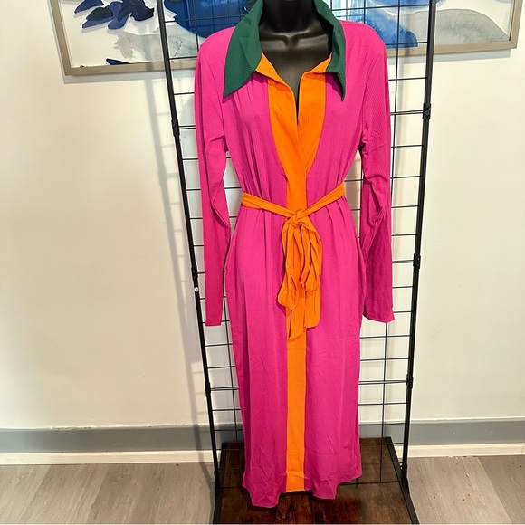 Women’s Plus Size Magenta Long Sleeve Collar Ribbed Maxi Dress - Picture 4 of 10